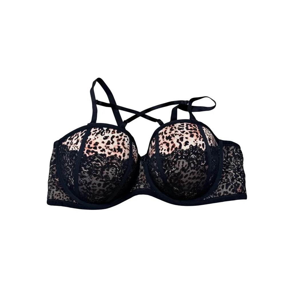 Torrid Curve Leopard Print Black Lace Push-Up Bra Multi-Way Straps 44DDD